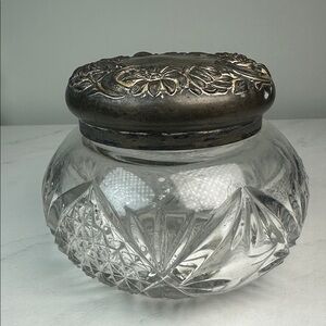 Antique Cut Glass Crystal Vanity Dresser Powder Trinket Jar Repousse metal Lid